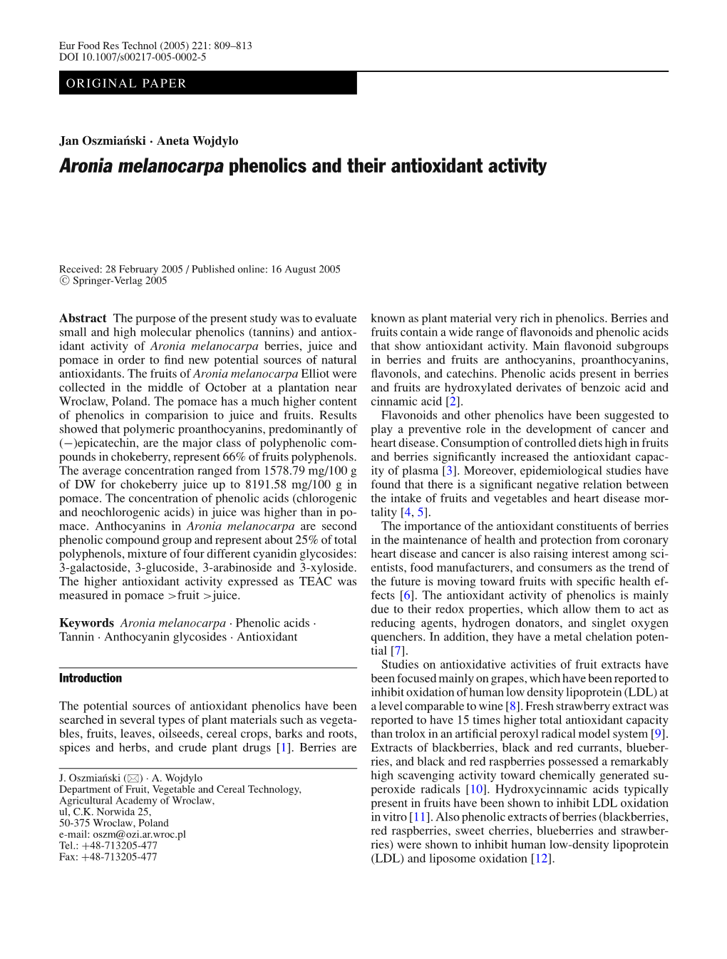 Aronia Melanocarpa Phenolics and Their Antioxidant Activity