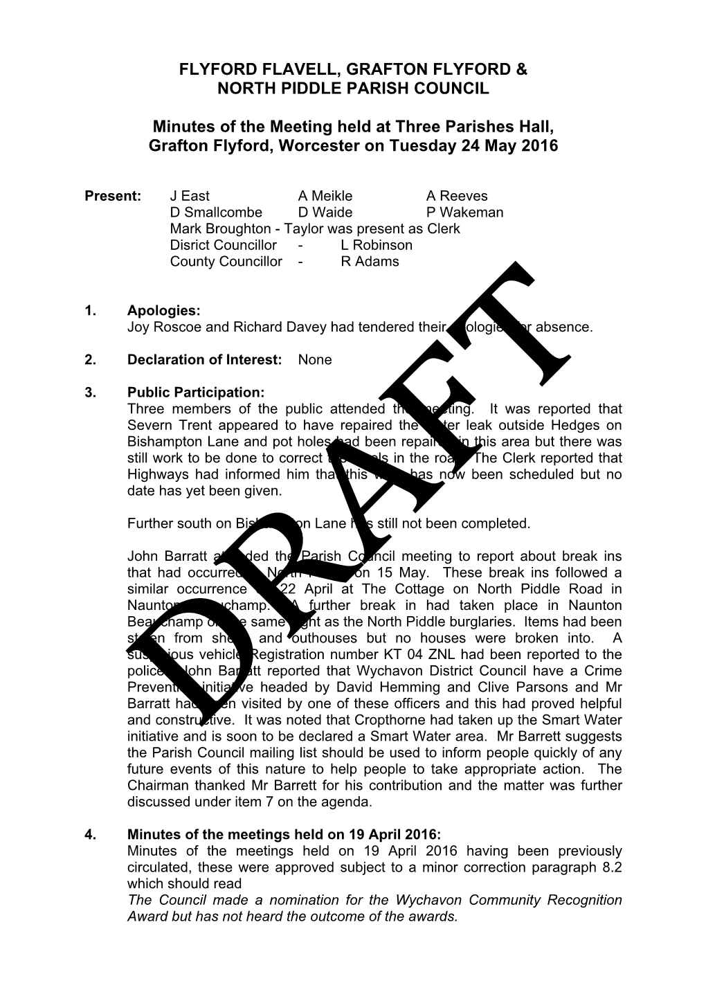 FLYFORD FLAVELL, GRAFTON FLYFORD & NORTH PIDDLE PARISH COUNCIL Minutes of the Meeting Held at Three Parishes Hall, Grafton F