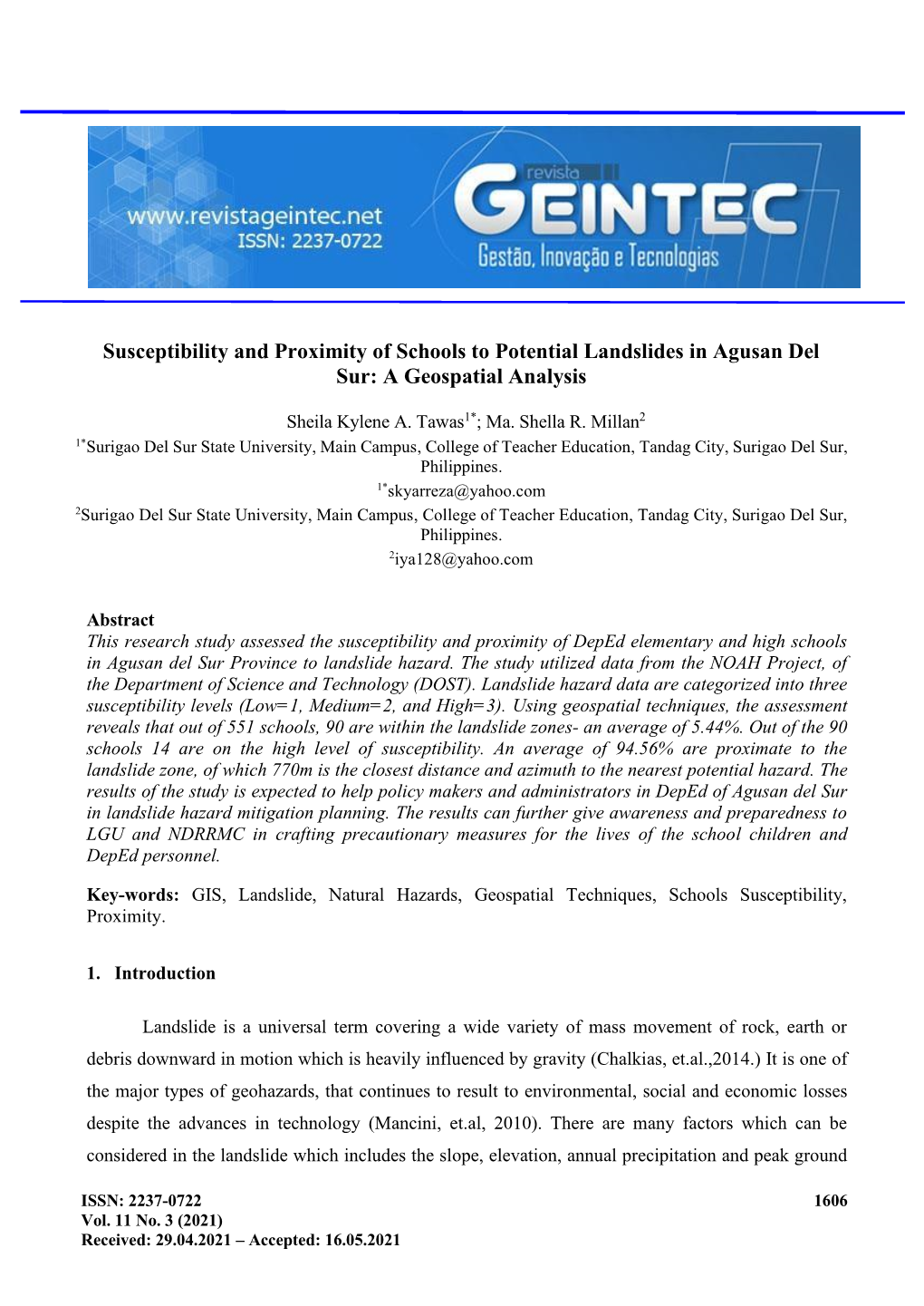 Susceptibility and Proximity of Schools to Potential Landslides in Agusan Del Sur: a Geospatial Analysis