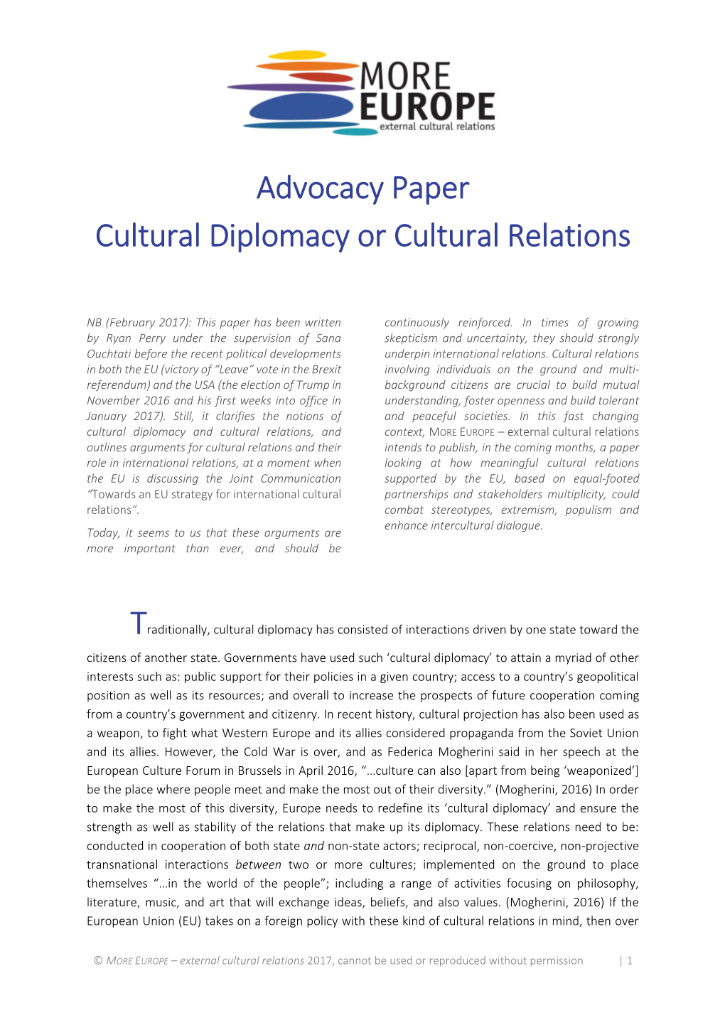 Advocacy Paper Cultural Diplomacy Or Cultural Relations