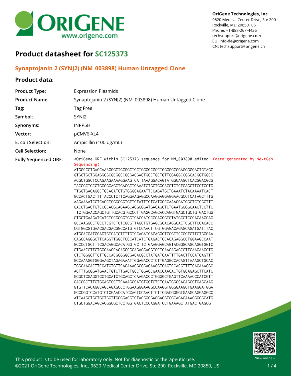 (SYNJ2) (NM 003898) Human Untagged Clone Product Data