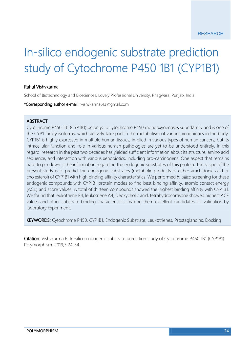 In-Silico Endogenic Substrate Prediction Study of Cytochrome P450 1B1 (CYP1B1)