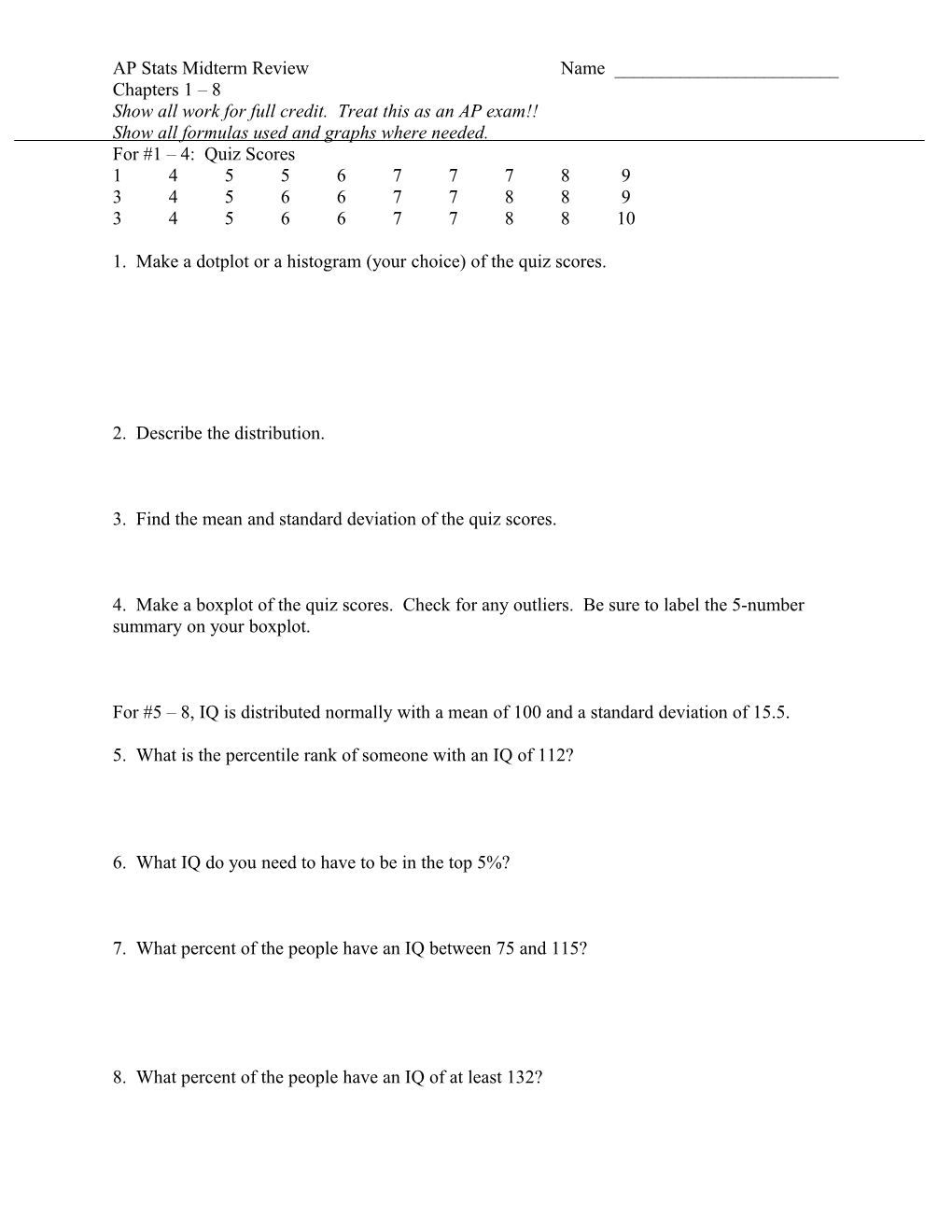 Statistics Exam First Semester