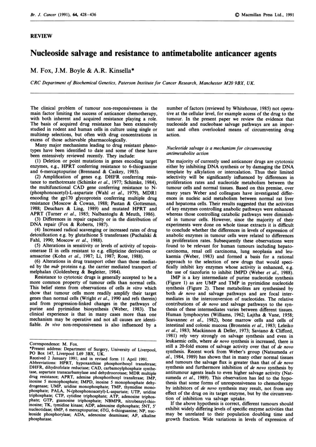 Nucleoside Salvage and Resistance to Antimetabolite Anticancer Agents M