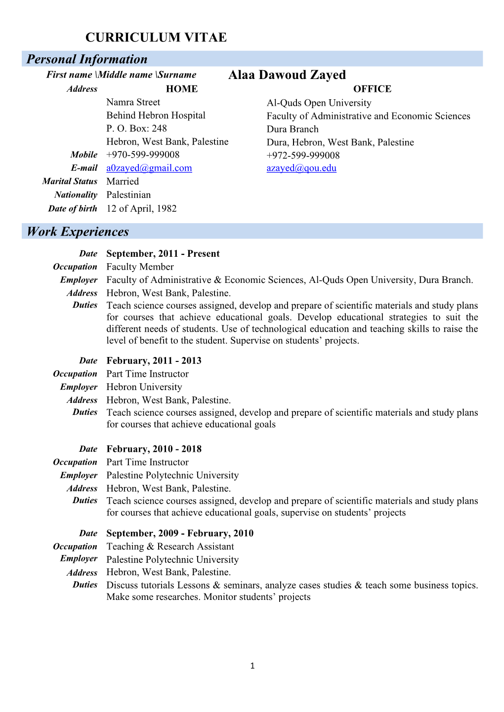 CURRICULUM VITAE Personal Information Alaa Dawoud Zayed