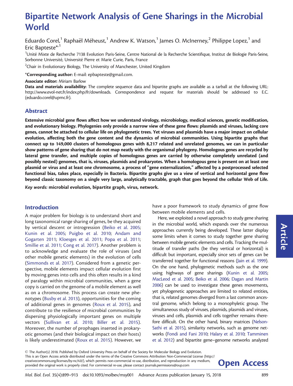 Bipartite Network Analysis of Gene Sharings in the Microbial World Eduardo Corel,1 Rapha€El Me´Heust,1 Andrew K