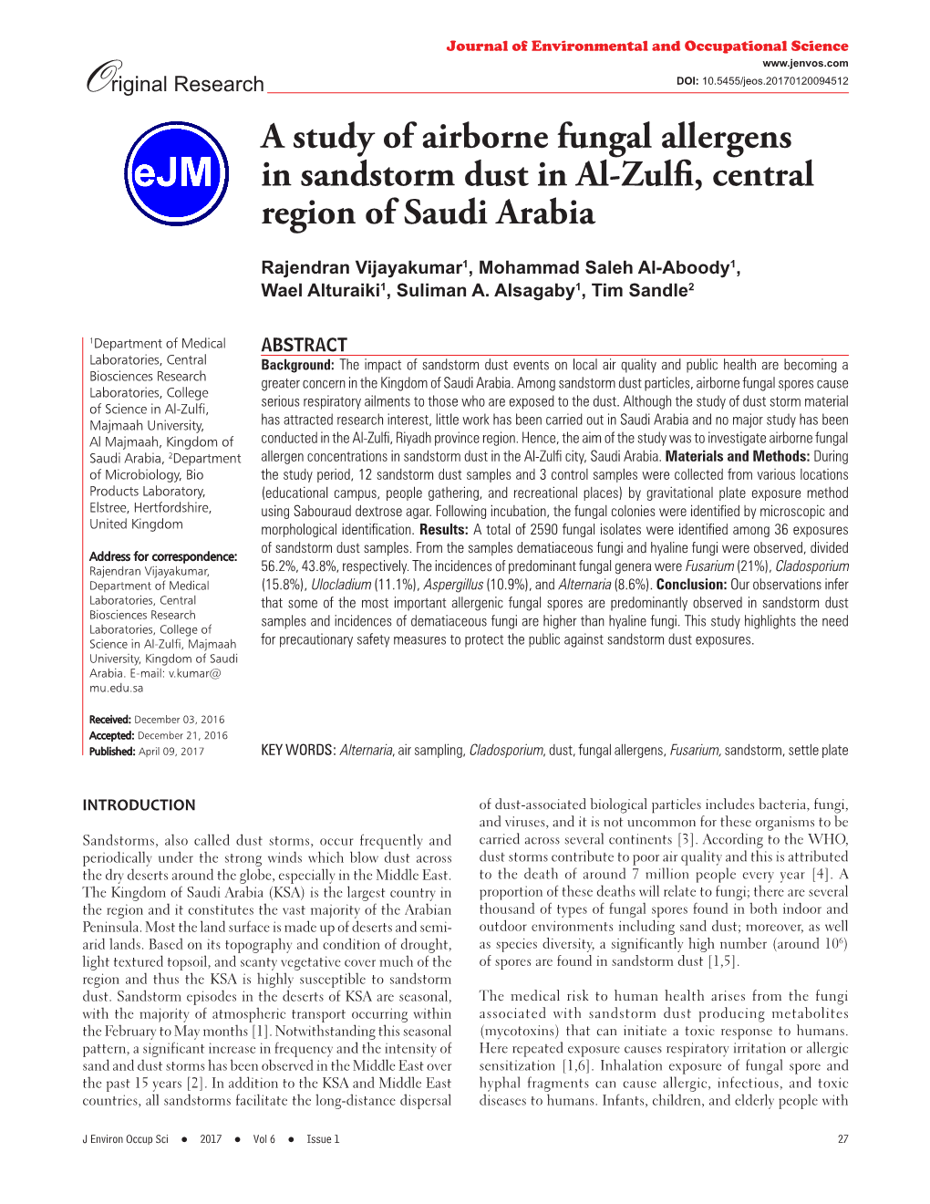 A Study of Airborne Fungal Allergens in Sandstorm Dust in Al-Zulfi, Central Region of Saudi Arabia