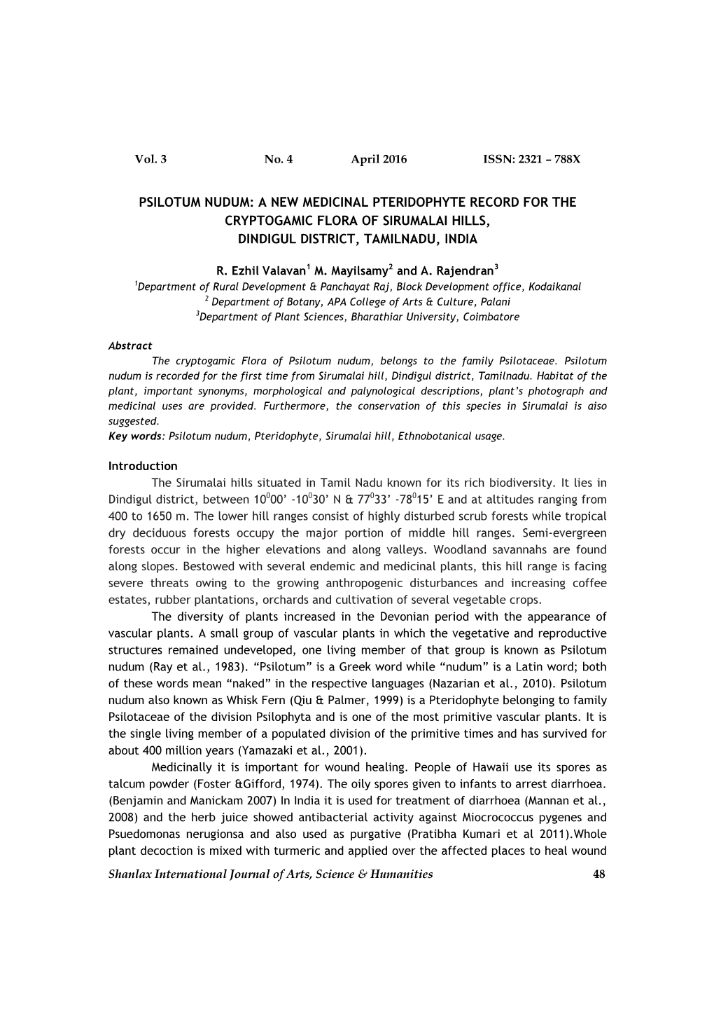 Psilotum Nudum: a New Medicinal Pteridophyte Record for the Cryptogamic Flora of Sirumalai Hills, Dindigul District, Tamilnadu, India