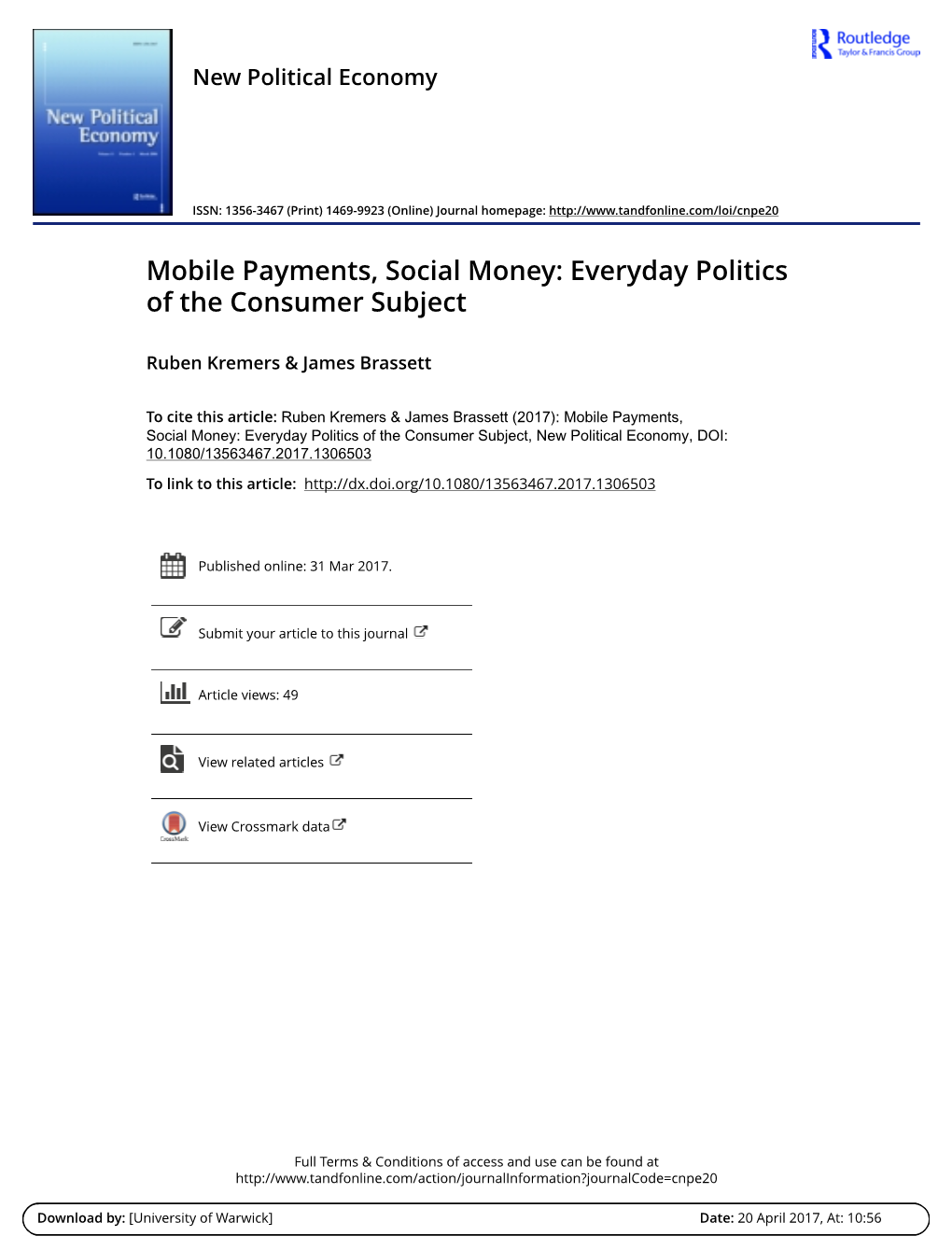 Mobile Payments, Social Money: Everyday Politics of the Consumer Subject
