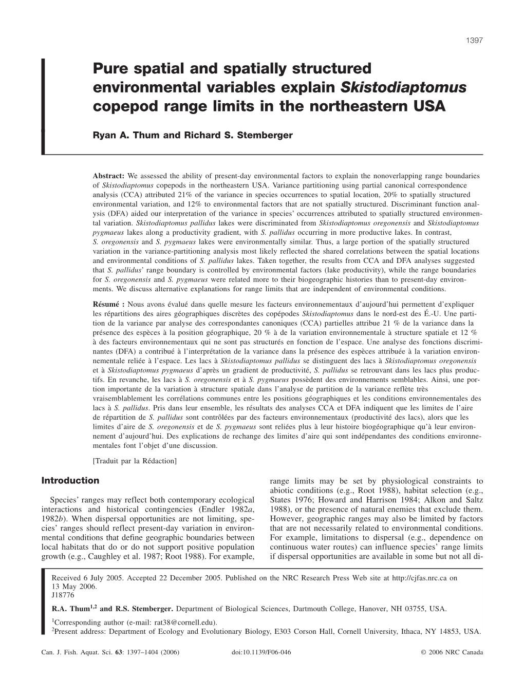 Pure Spatial and Spatially Structured Environmental Variables Explain Skistodiaptomus Copepod Range Limits in the Northeastern USA