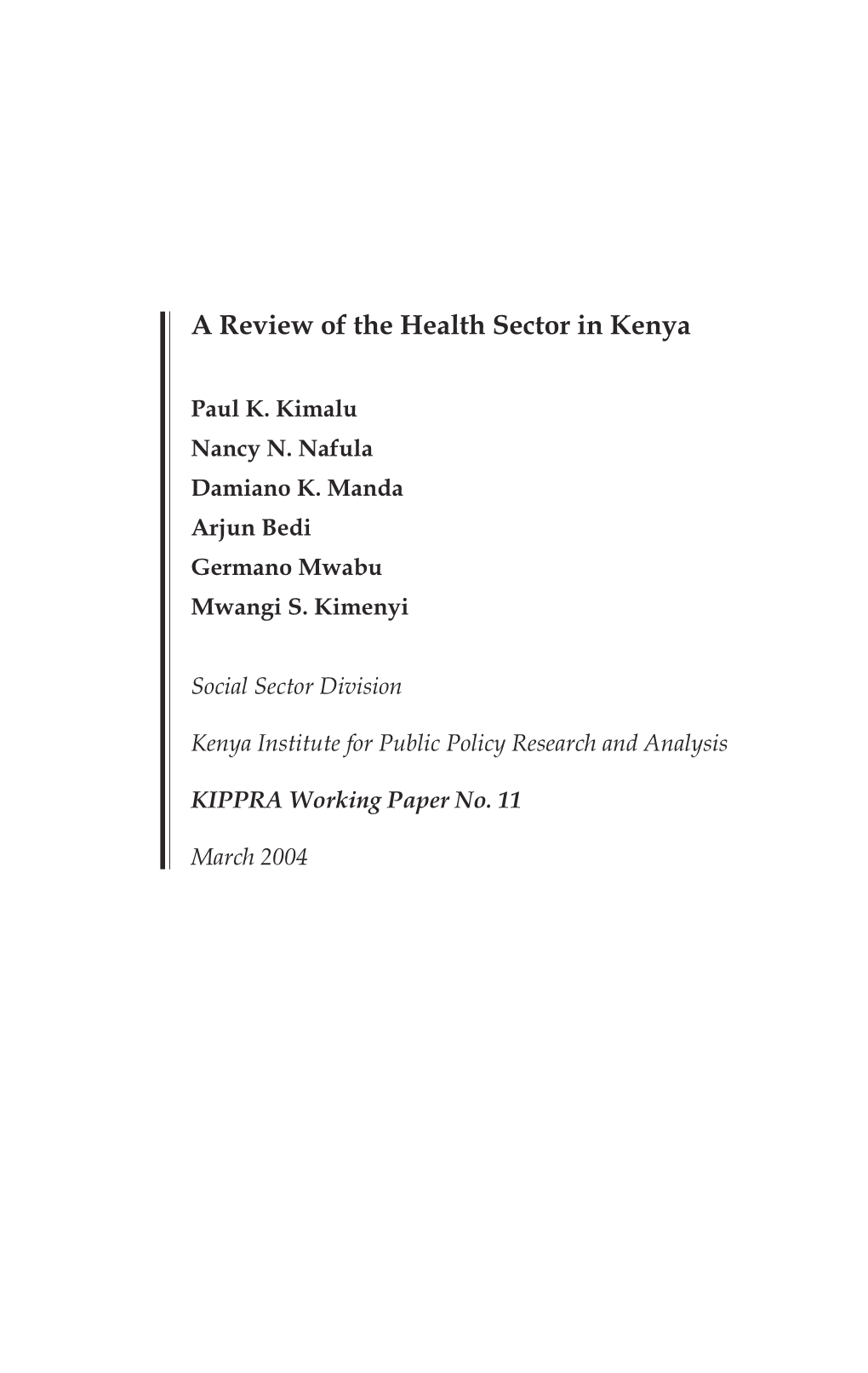 A Review of the Health Sector in Kenya