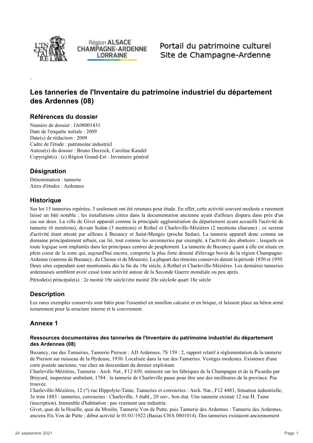 Les Tanneries De L'inventaire Du Patrimoine Industriel Du Département Des Ardennes (08)