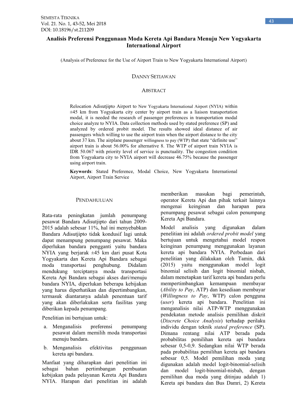 Analisis Preferensi Penggunaan Moda Kereta Api Bandara Menuju New Yogyakarta International Airport