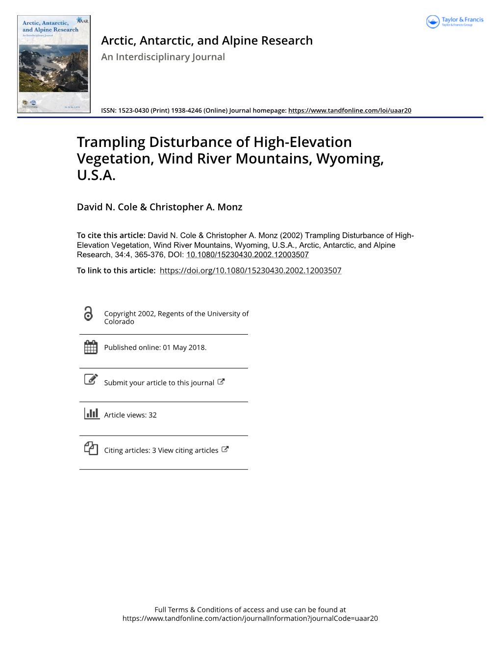 Trampling Disturbance of High-Elevation Vegetation, Wind River Mountains, Wyoming, U.S.A