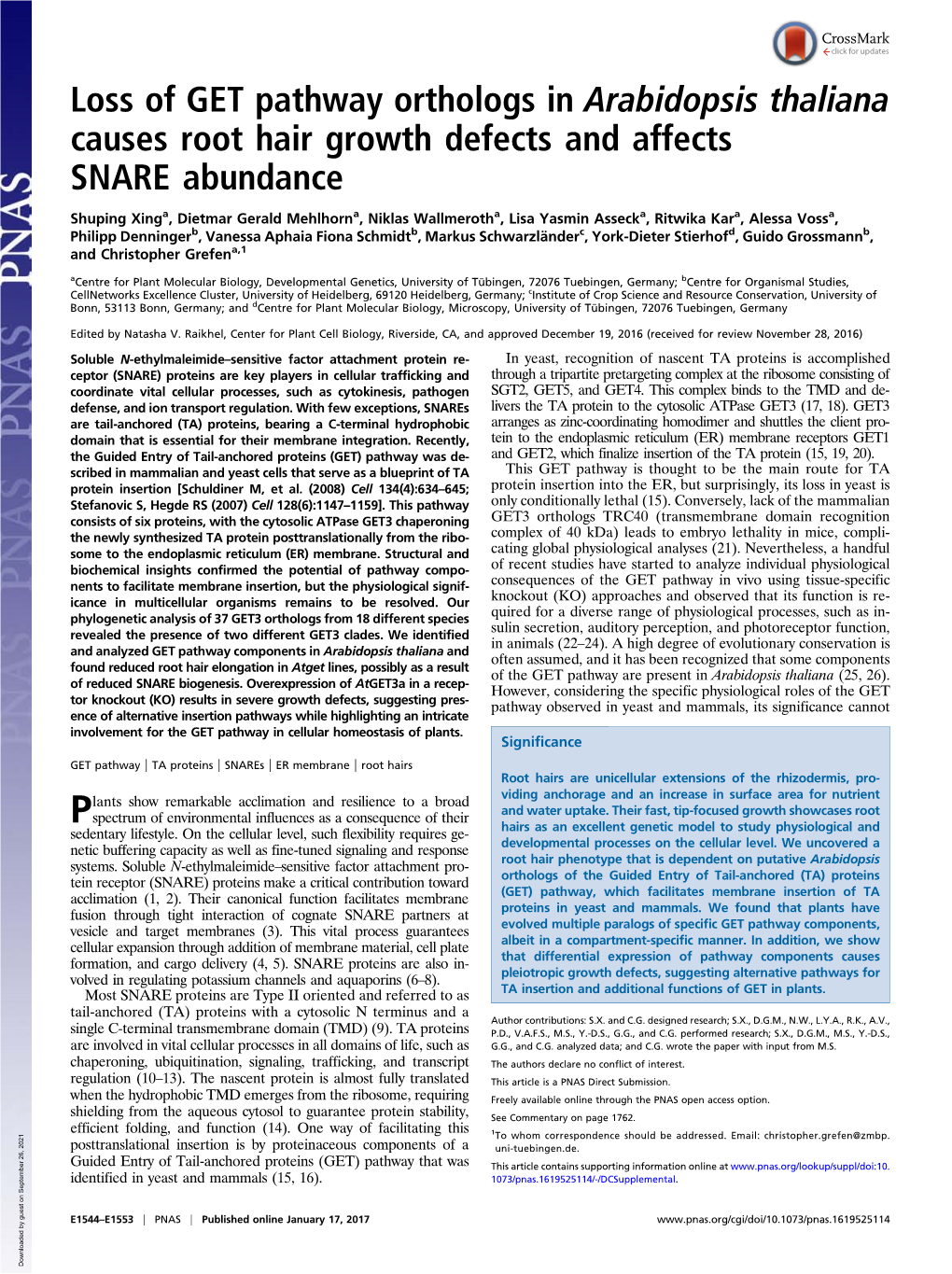 Loss of GET Pathway Orthologs in Arabidopsis Thaliana Causes Root Hair Growth Defects and Affects SNARE Abundance