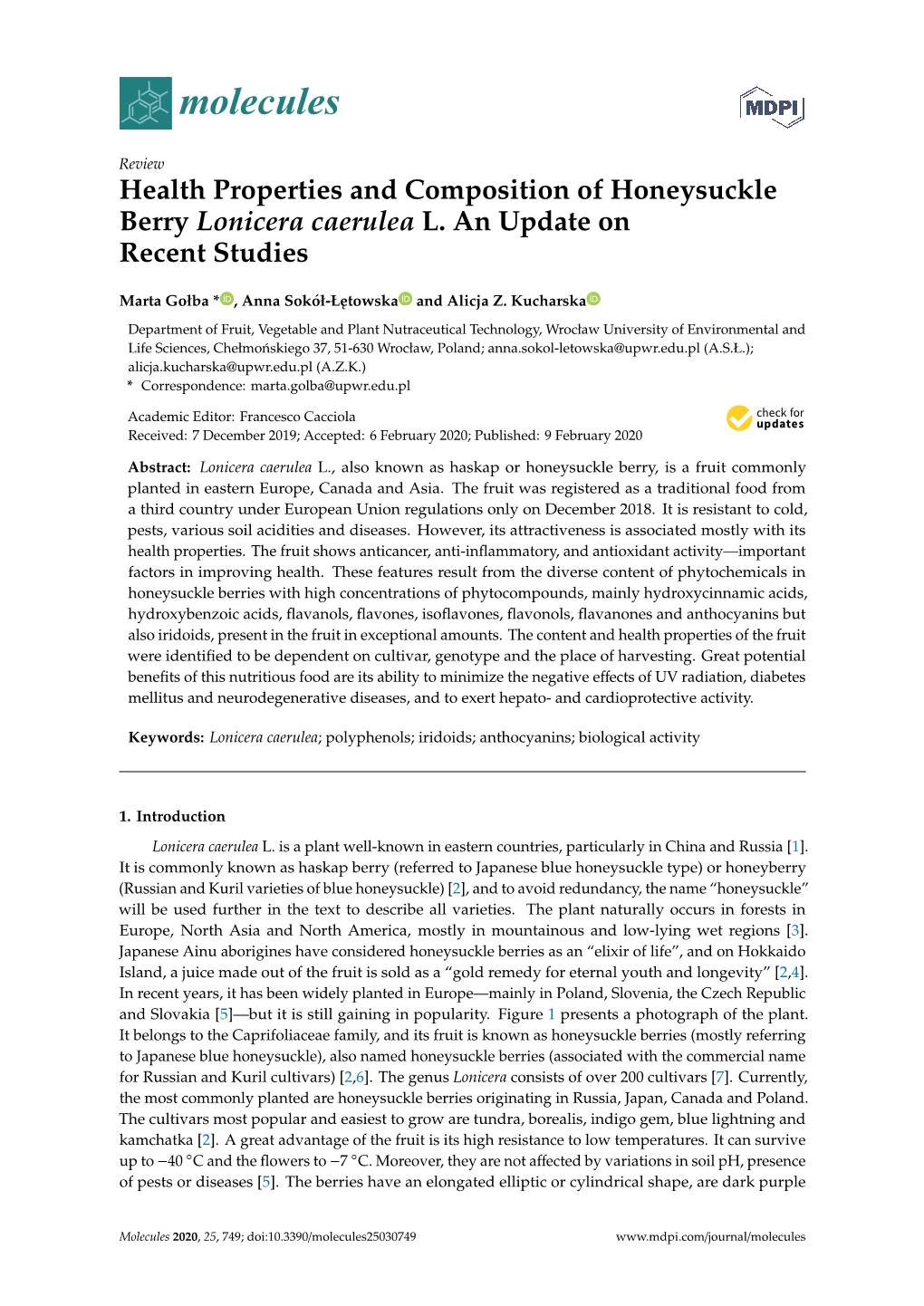 Health Properties and Composition of Honeysuckle Berry Lonicera Caerulea L