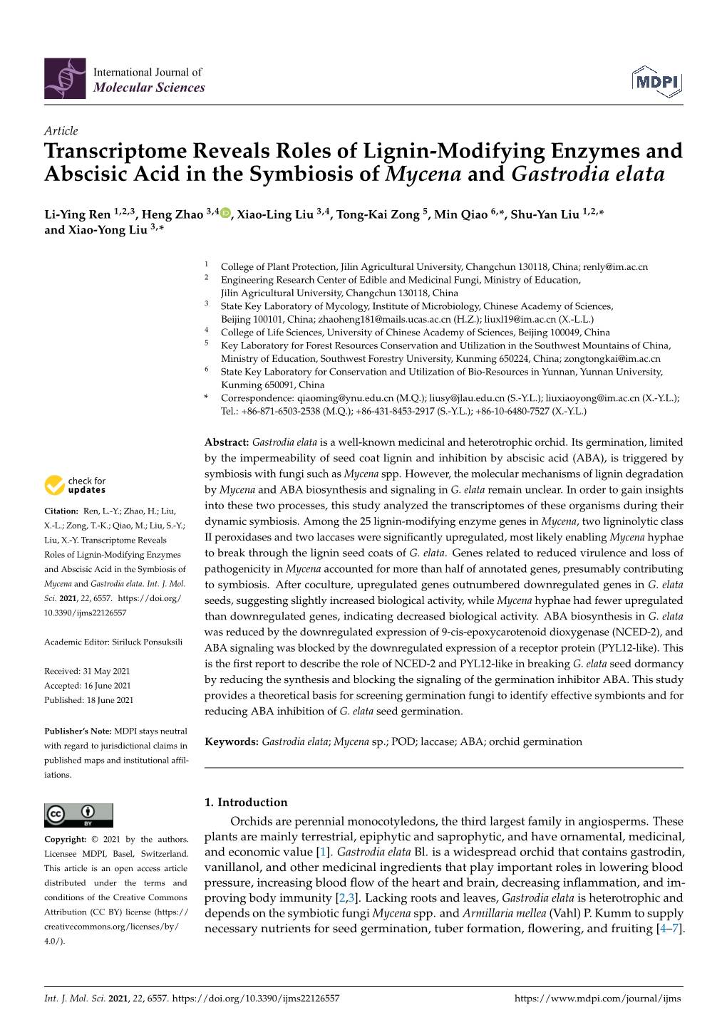 Transcriptome Reveals Roles of Lignin-Modifying Enzymes and Abscisic Acid in the Symbiosis of Mycena and Gastrodia Elata