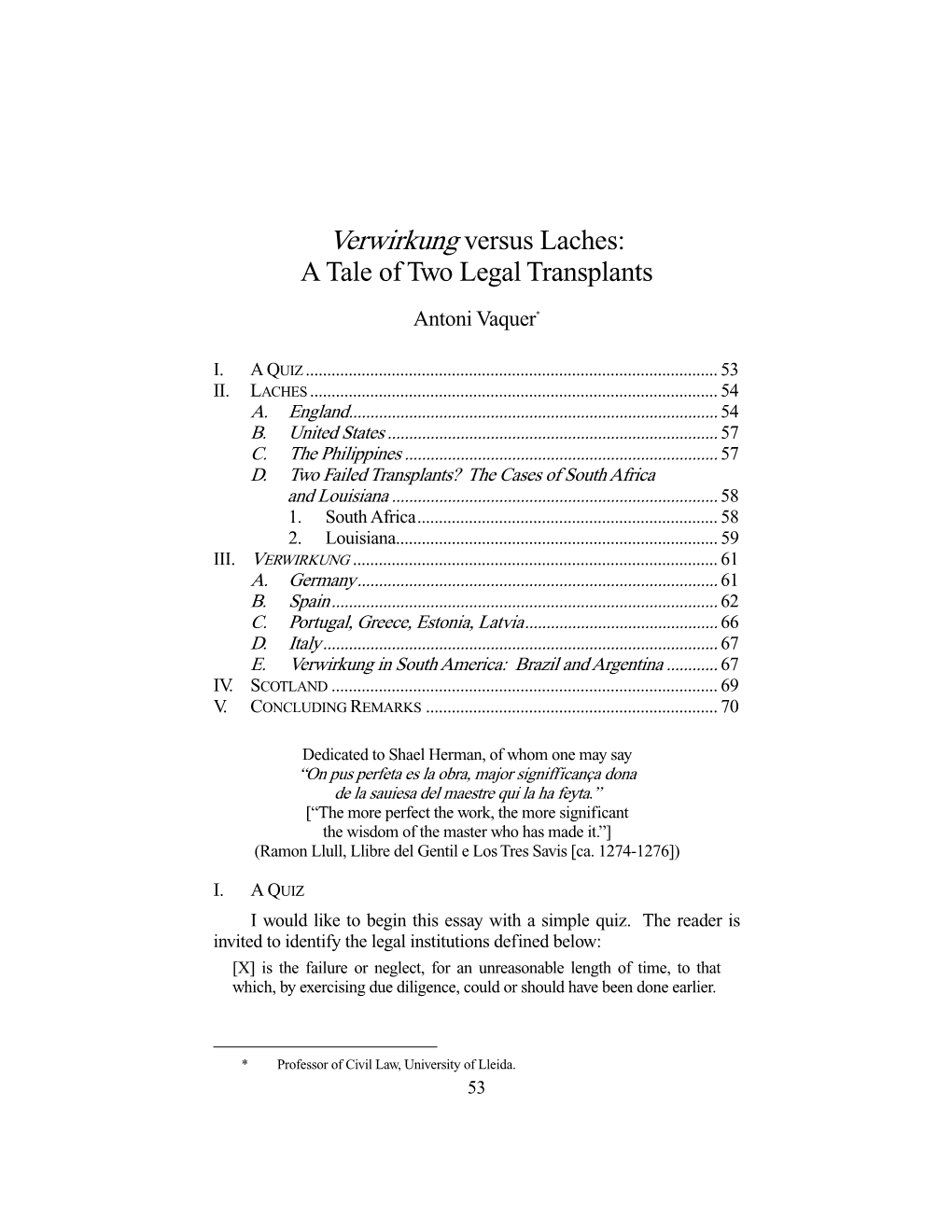 Verwirkung Versus Laches: a Tale of Two Legal Transplants