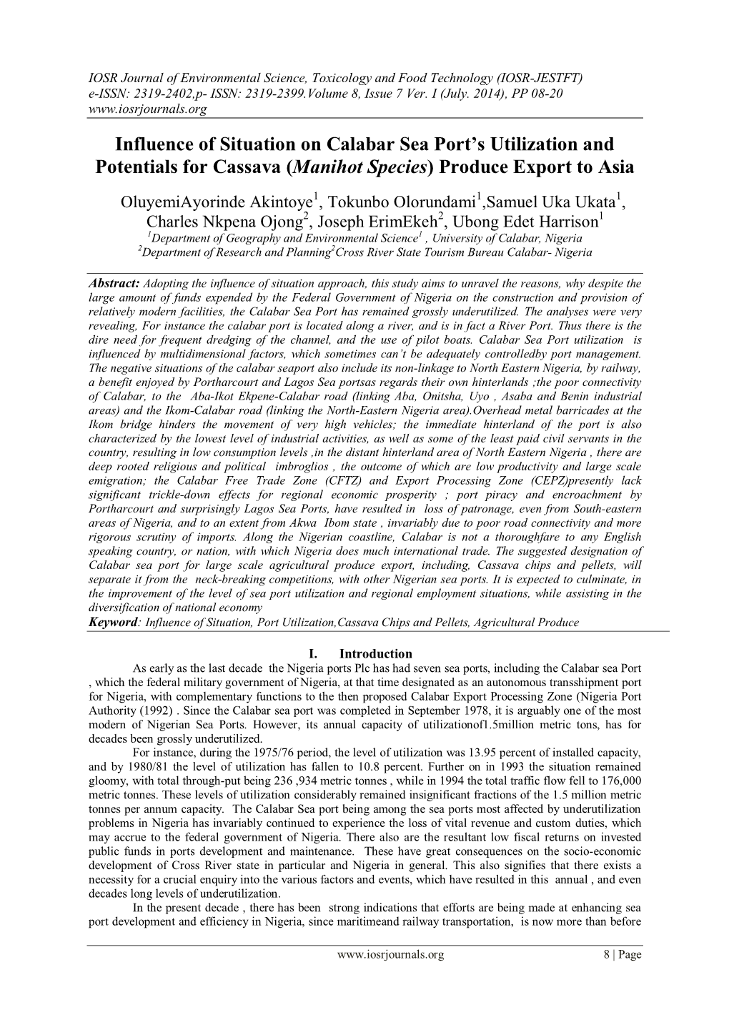 Influence of Situation on Calabar Sea Port's Utilization And