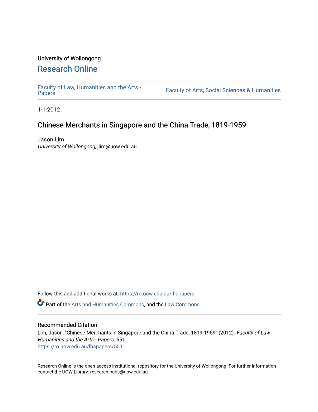 Chinese Merchants in Singapore and the China Trade, 1819-1959