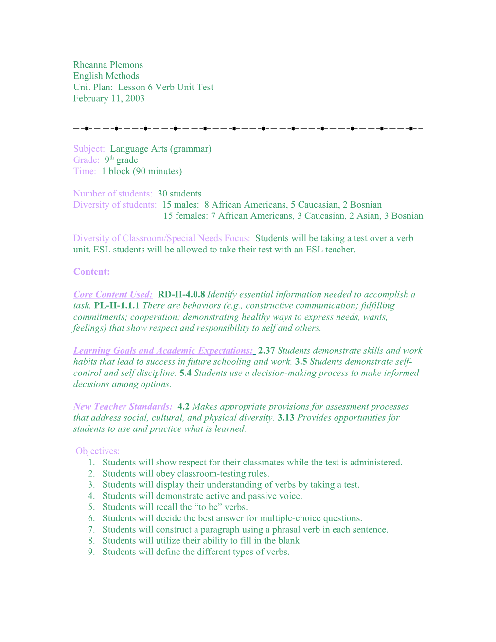 Unit Plan: Lesson 6 Verb Unit Test