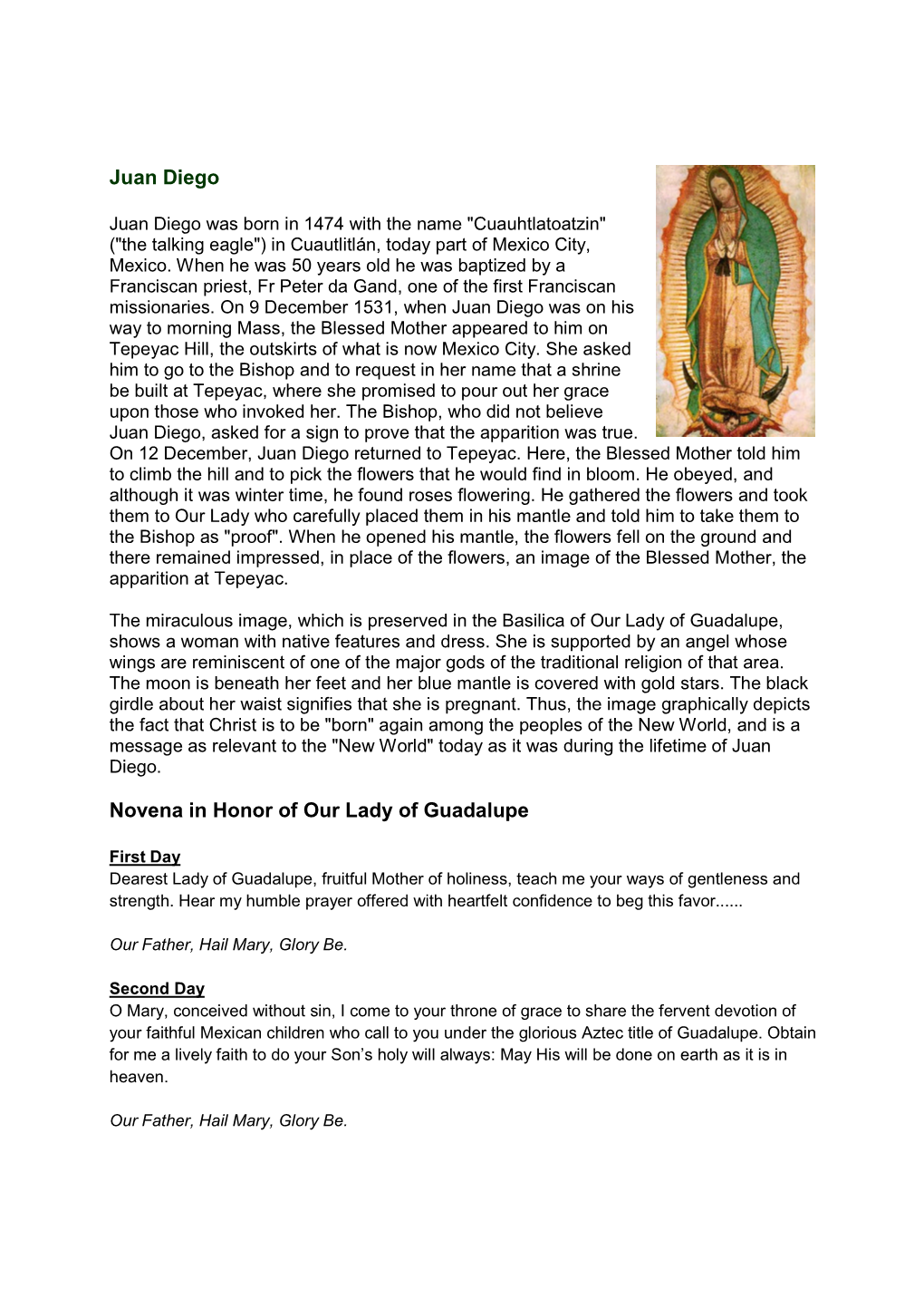 Juan Diego Novena in Honor of Our Lady of Guadalupe