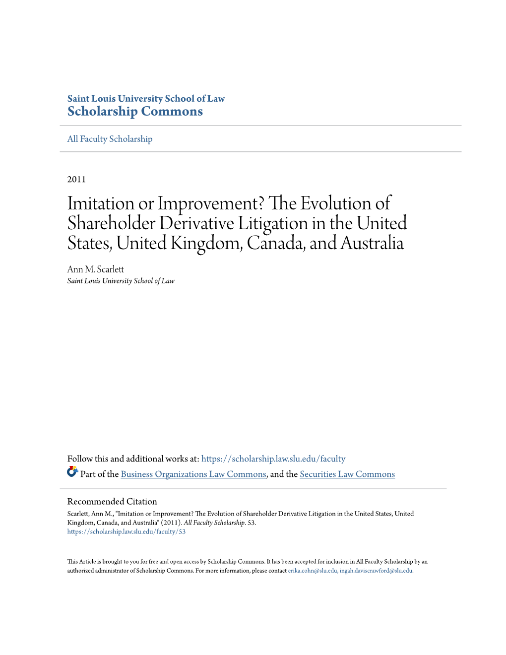 The Evolution of Shareholder Derivative Litigation in the United States, United Kingdom, Canada, and Australia