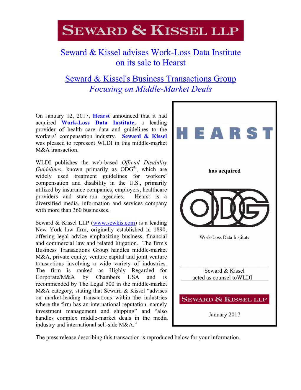 Seward & Kissel Advises Work-Loss Data Institute on Its Sale to Hearst