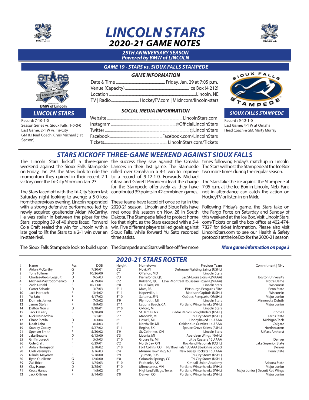 LINCOLN STARS 2020-21 GAME NOTES 25TH ANNIVERSARY SEASON Powered by BMW of LINCOLN GAME 19 - STARS Vs