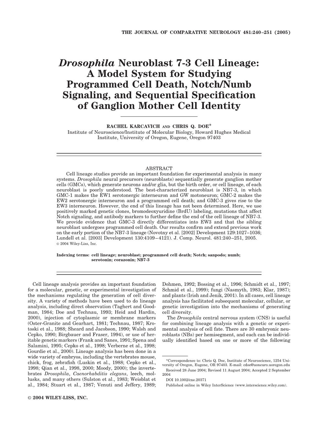 Drosophila Neuroblast 7-3 Cell Lineage