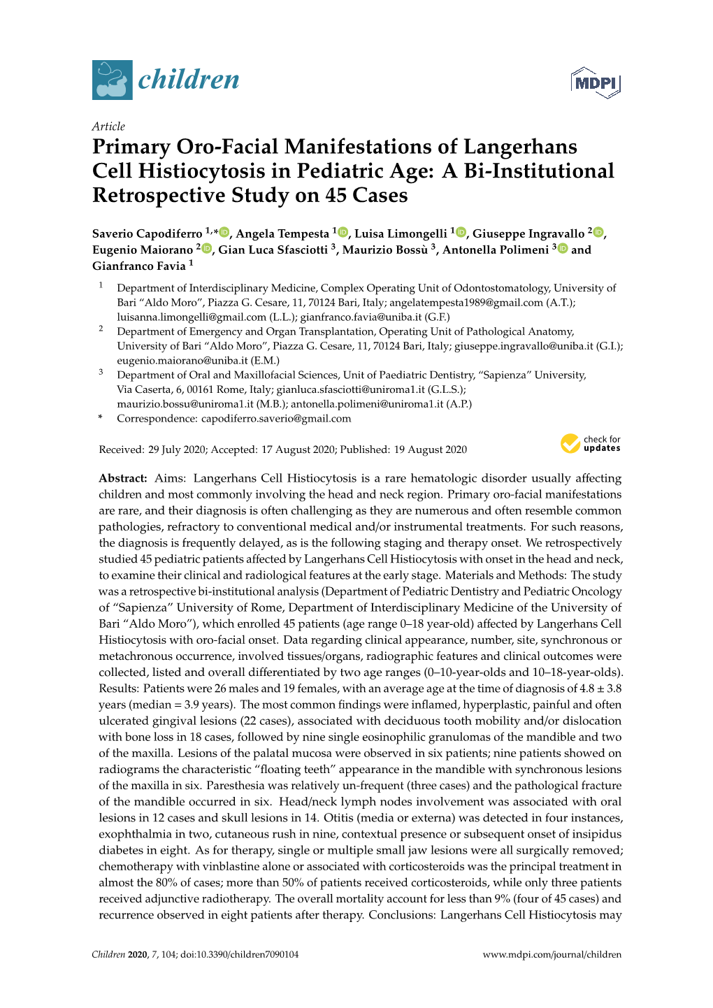 Primary Oro-Facial Manifestations of Langerhans Cell Histiocytosis in Pediatric Age: a Bi-Institutional Retrospective Study on 45 Cases