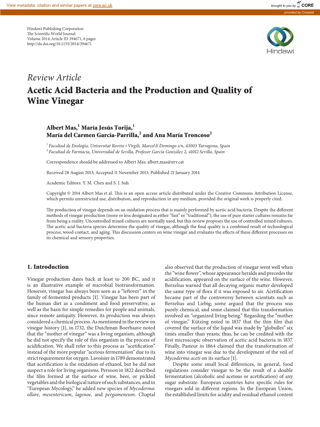 Review Article Acetic Acid Bacteria and the Production and Quality of Wine Vinegar