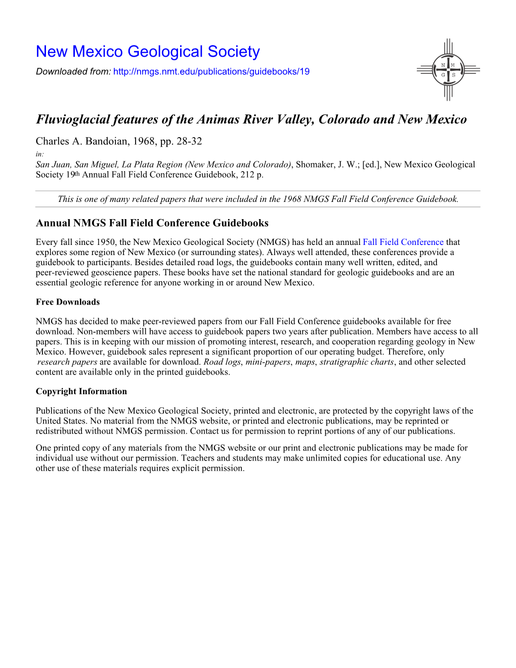 Fluvioglacial Features of the Animas River Valley, Colorado and New Mexico Charles A