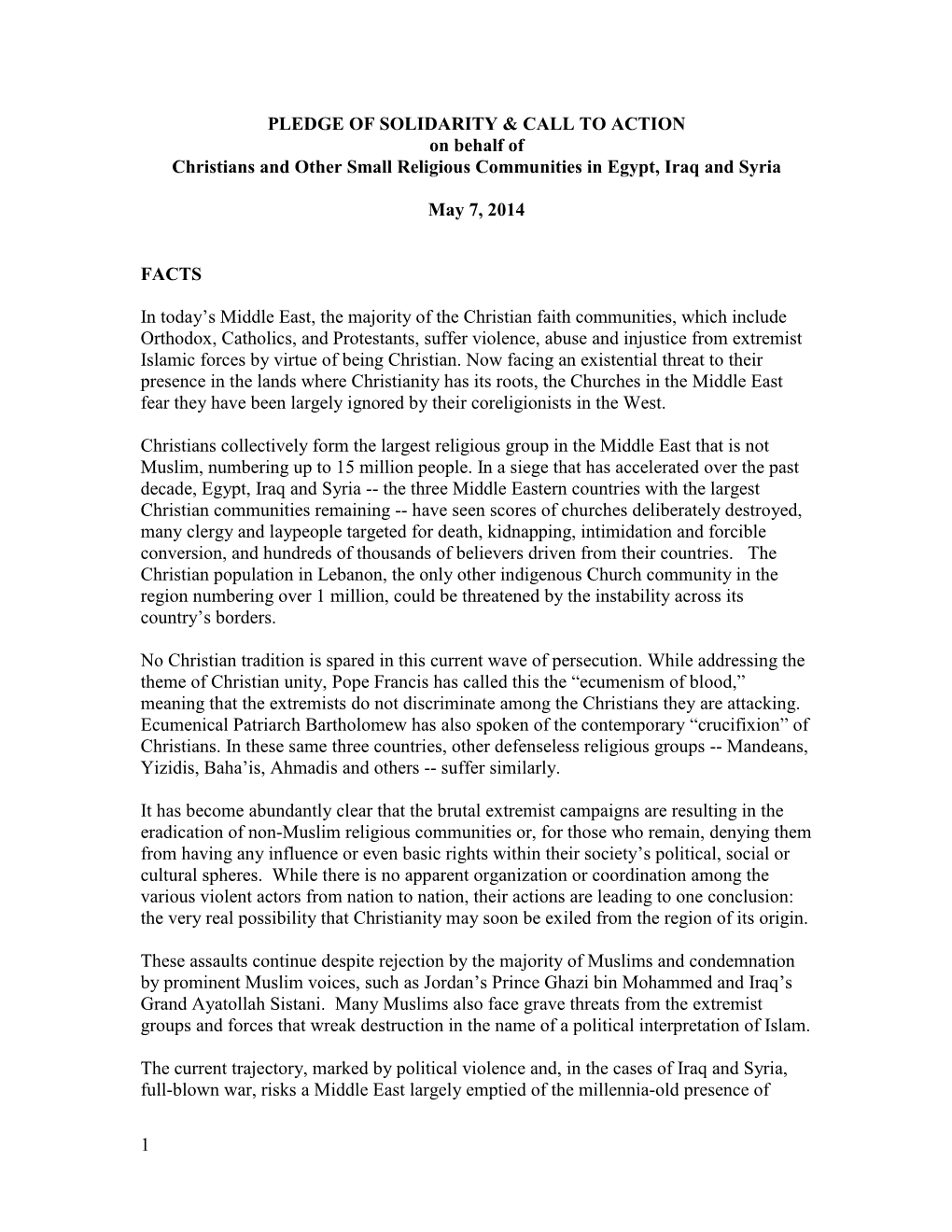 1 PLEDGE of SOLIDARITY & CALL to ACTION on Behalf of Christians and Other Small Religious Communities in Egypt, Iraq And