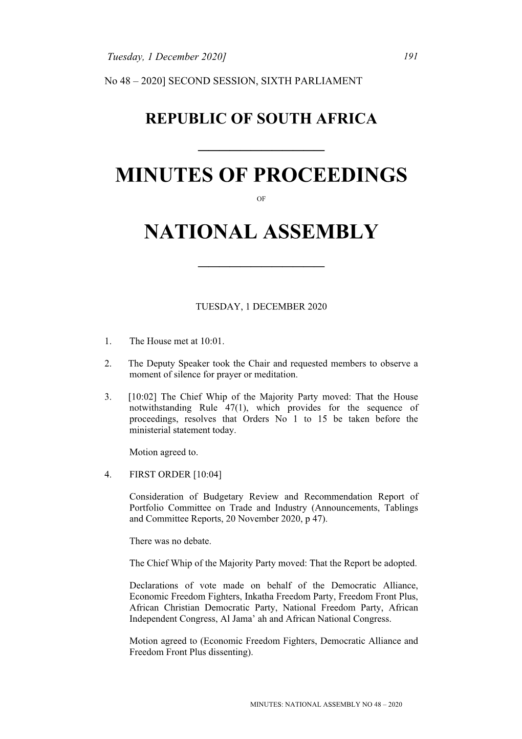 Minutes of Proceedings National Assembly