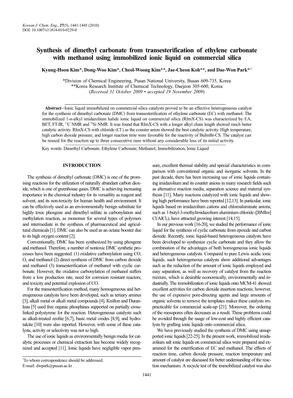 Synthesis of Dimethyl Carbonate from Transesterification of Ethylene Carbonate with Methanol Using Immobilized Ionic Liquid on Commercial Silica