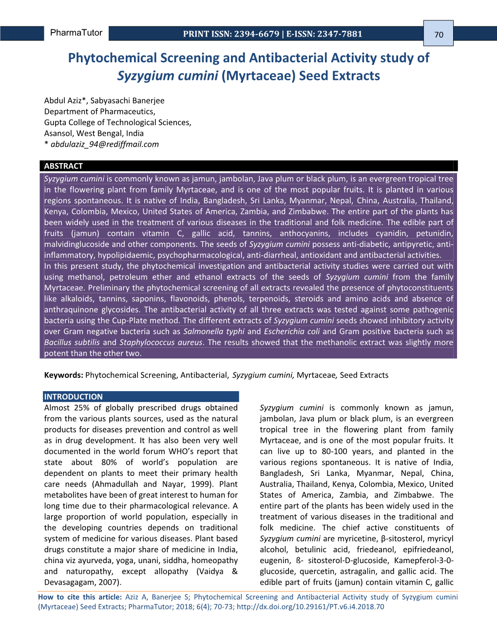 Phytochemical Screening and Antibacterial Activity Study of Syzygium Cumini (Myrtaceae) Seed Extracts