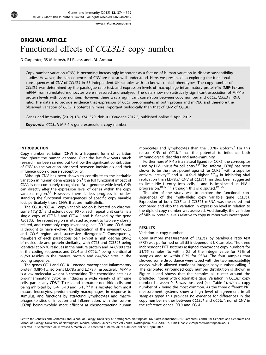 Functional Effects of CCL3L1 Copy Number