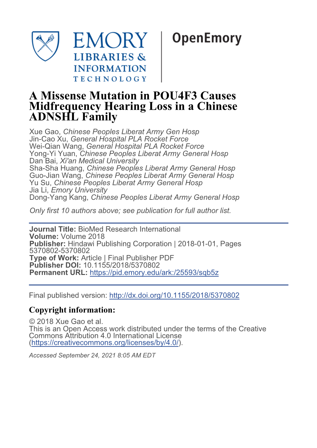 A Missense Mutation in POU4F3 Causes