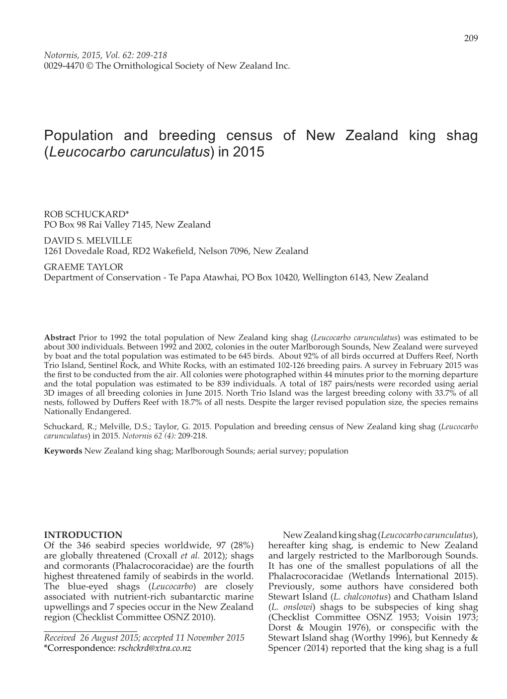 Population and Breeding Census of New Zealand King Shag (Leucocarbo Carunculatus) in 2015