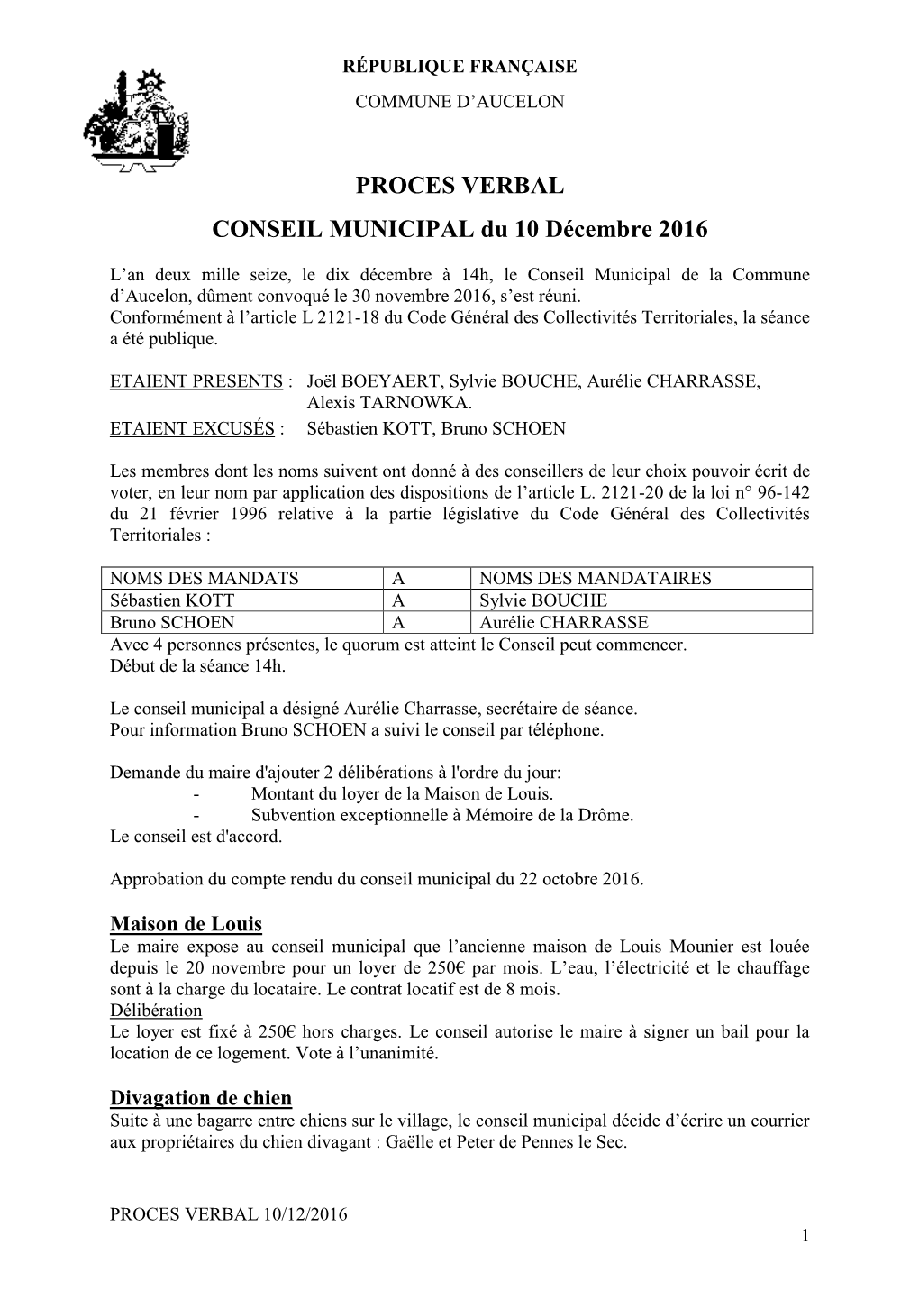 PROCES VERBAL CONSEIL MUNICIPAL Du 10 Décembre 2016