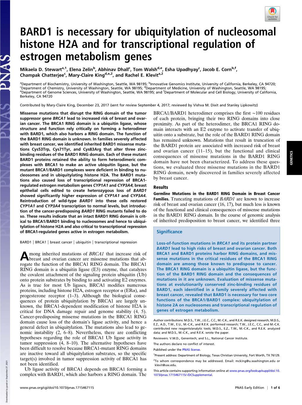 BARD1 Is Necessary for Ubiquitylation of Nucleosomal Histone H2A and for Transcriptional Regulation of Estrogen Metabolism Genes