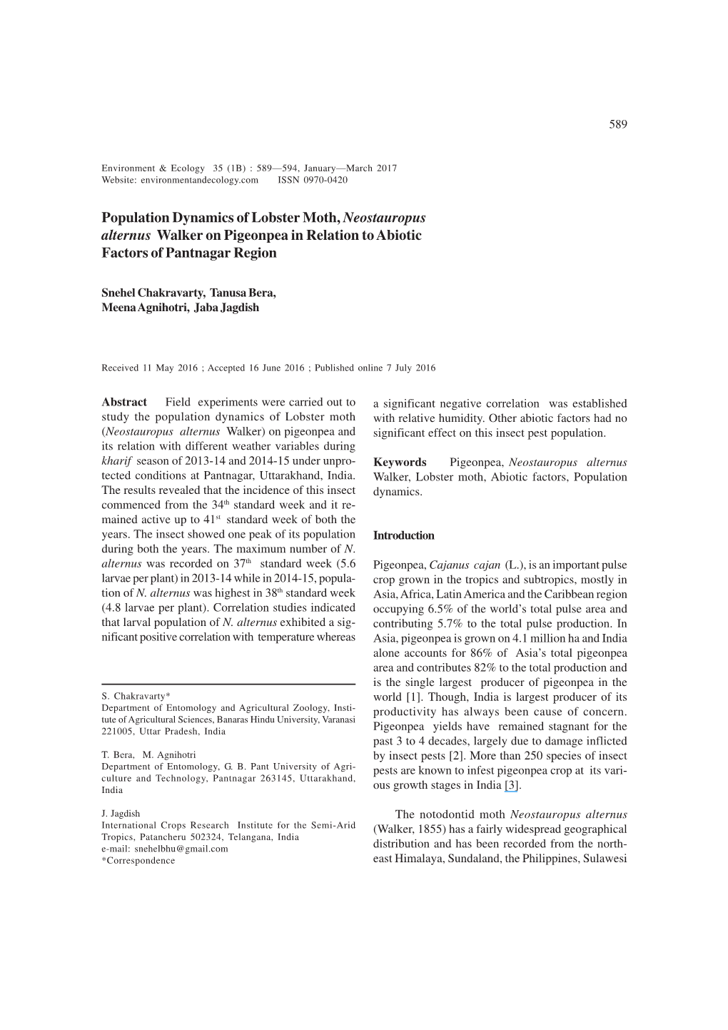 Population Dynamics of Lobster Moth, Neostauropus Alternus Walker on Pigeonpea in Relation to Abiotic Factors of Pantnagar Region