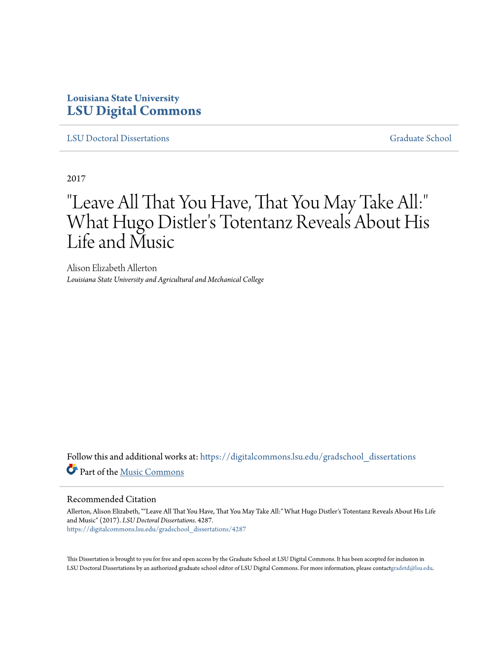 What Hugo Distler's Totentanz Reveals About His Life and Music Alison Elizabeth Allerton Louisiana State University and Agricultural and Mechanical College