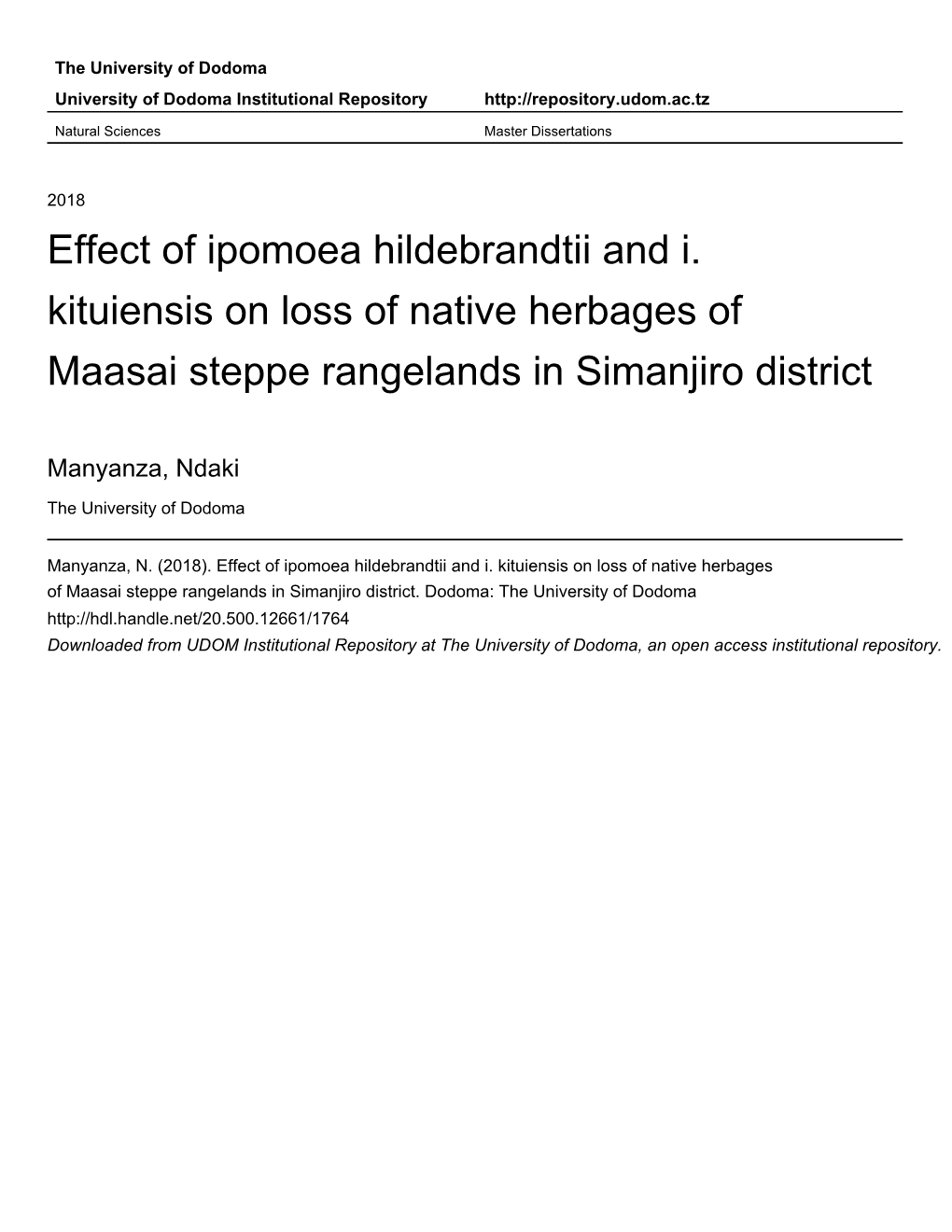 Effect of Ipomoea Hildebrandtii and I. Kituiensis on Loss of Native Herbages of Maasai Steppe Rangelands in Simanjiro District