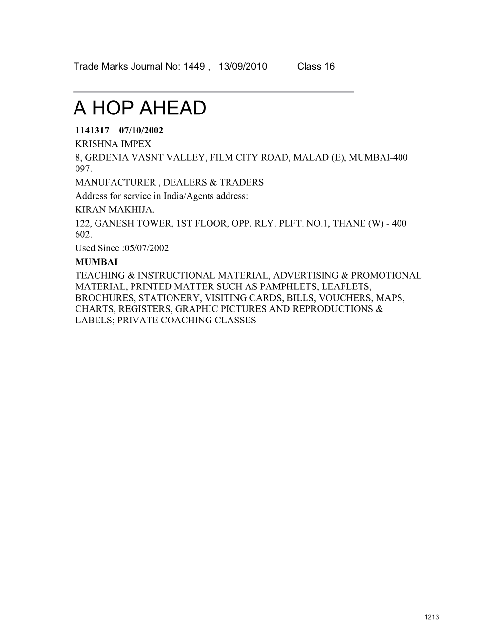 A Hop Ahead 1141317 07/10/2002 Krishna Impex 8, Grdenia Vasnt Valley, Film City Road, Malad (E), Mumbai-400 097