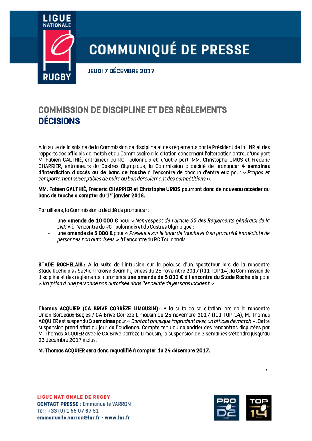 Commission De Discipline Et Des Règlements Décisions