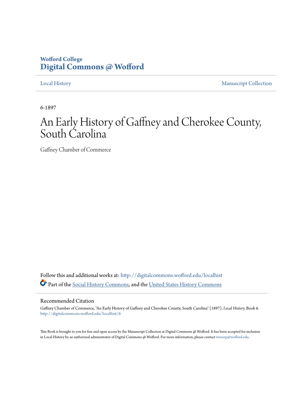 An Early History of Gaffney and Cherokee County, South Carolina Gaffney Chamber of Commerce