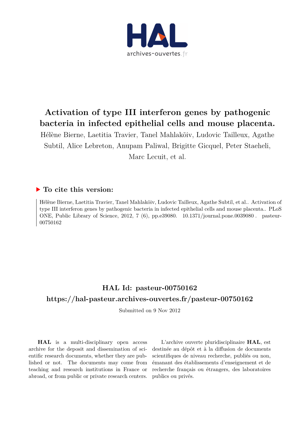 Activation of Type III Interferon Genes by Pathogenic Bacteria in Infected Epithelial Cells and Mouse Placenta