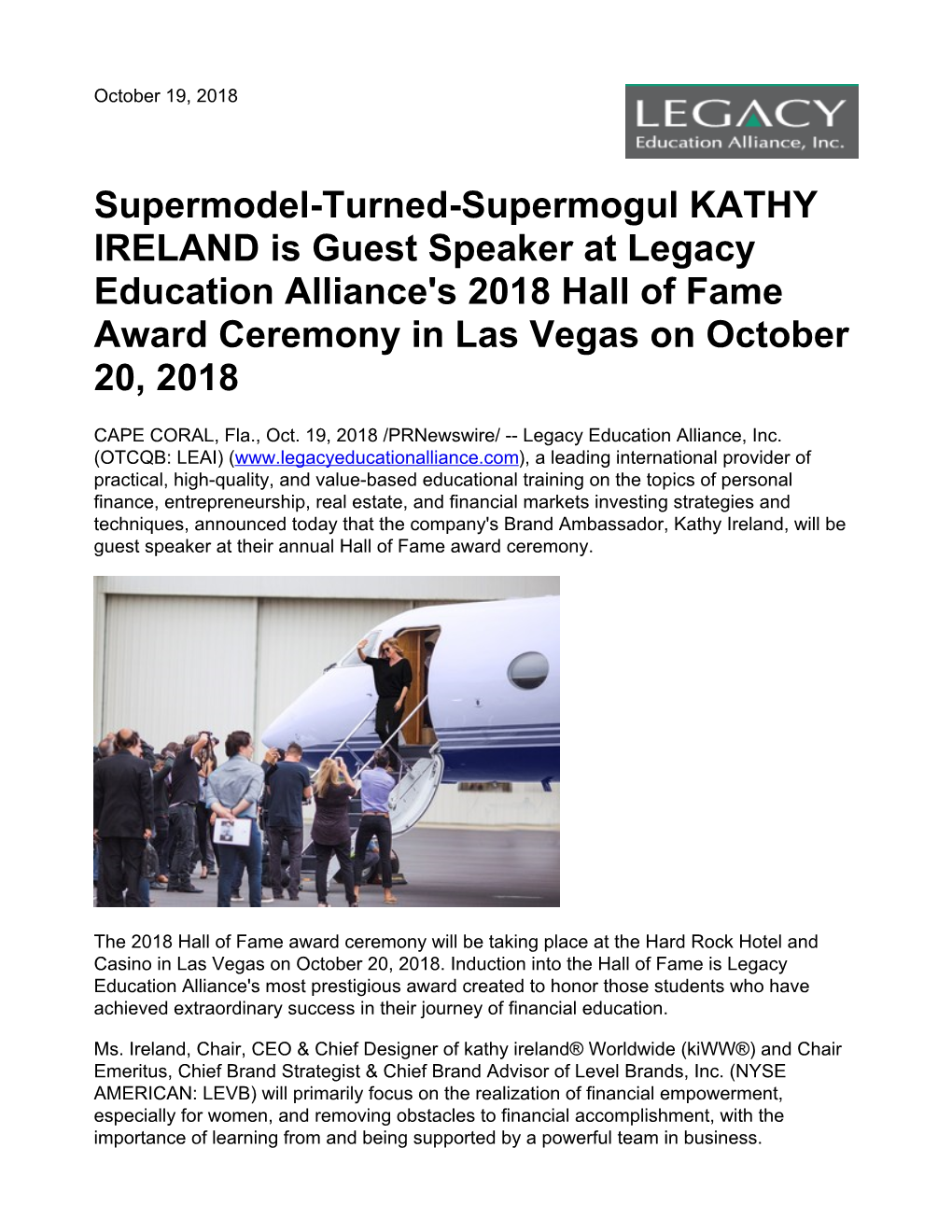 Supermodel-Turned-Supermogul KATHY IRELAND Is Guest Speaker at Legacy Education Alliance's 2018 Hall of Fame Award Ceremony in Las Vegas on October 20, 2018